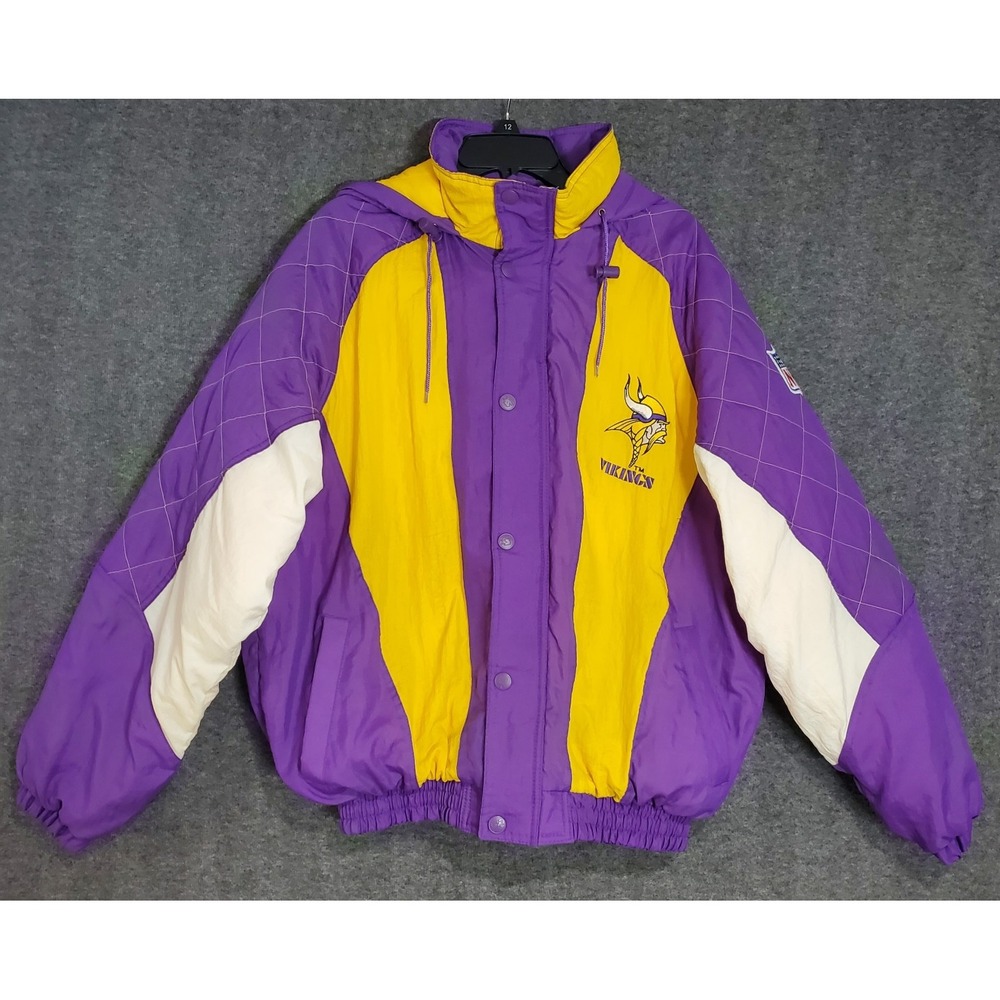 Vtg Starter Jacket Minnesota‎ Vikings NFL Puffer Men's Size L Quilted Hooded Y2K